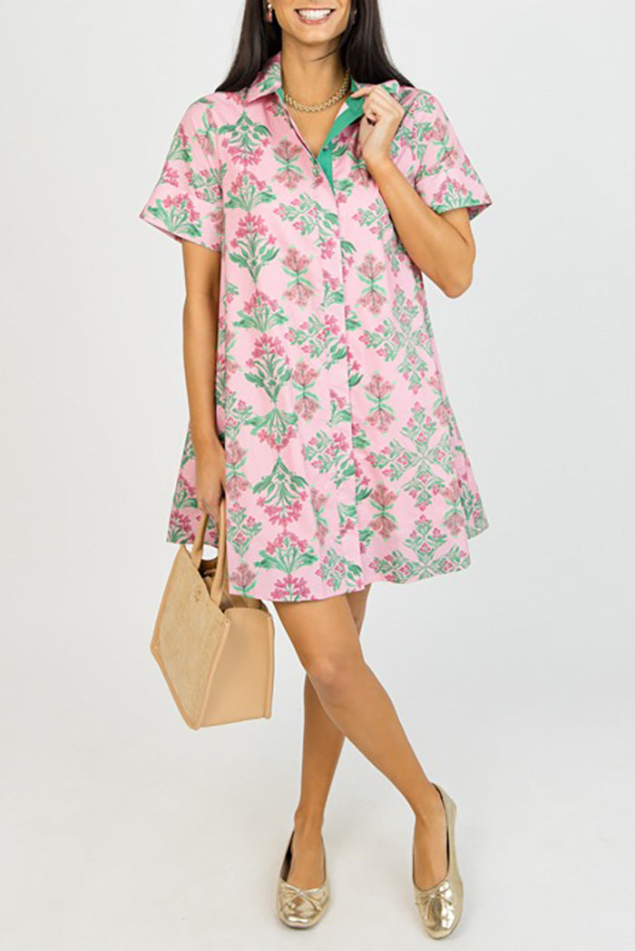Pocketed Floral Print Button Down Dress