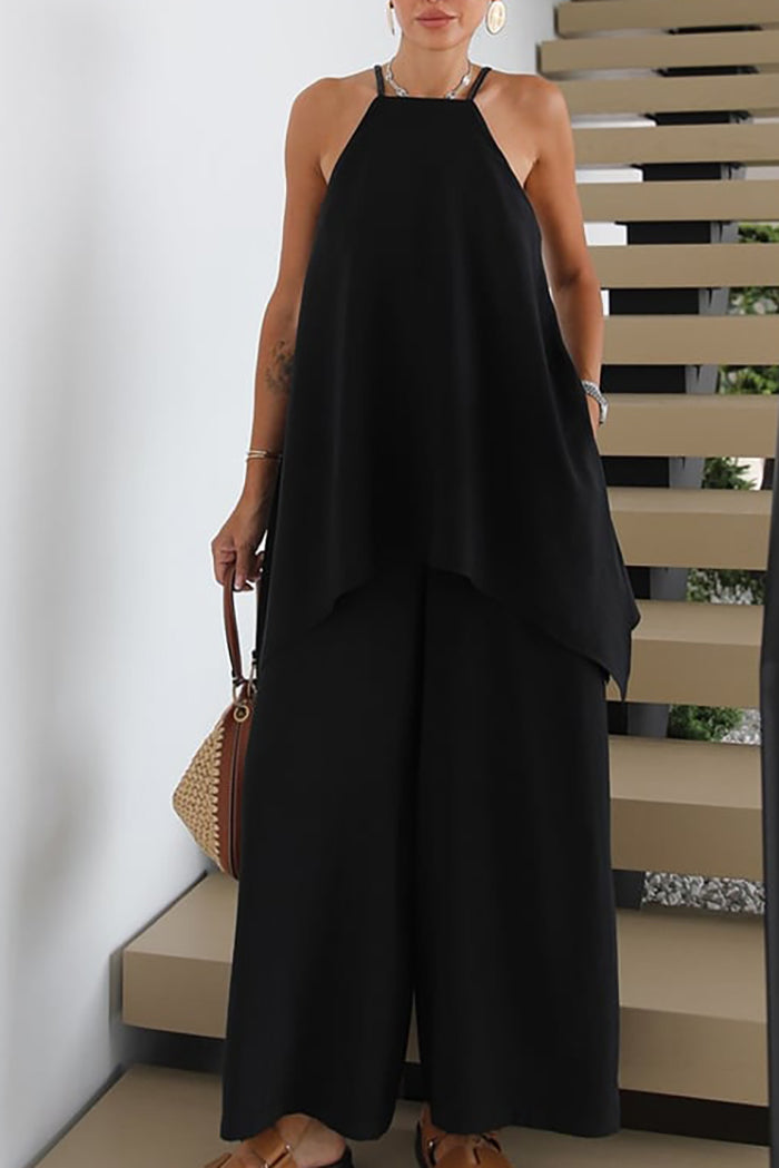Spaghetti Strap Back Slit Pocket Top Pant Set