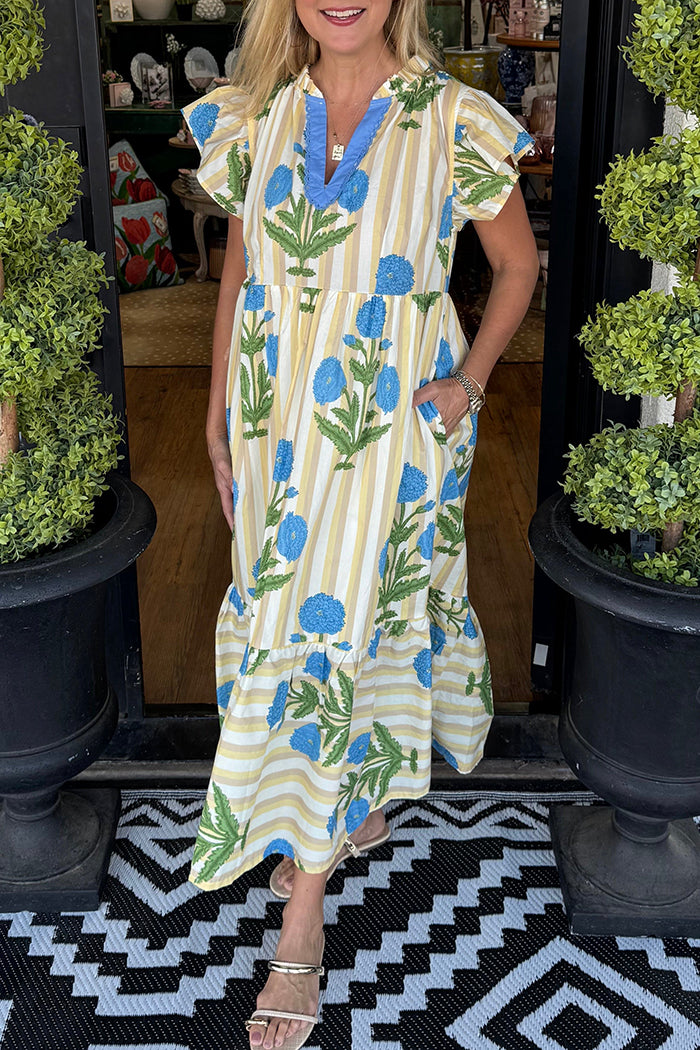Striped Floral Ruffle Sleeve Pocket Dress