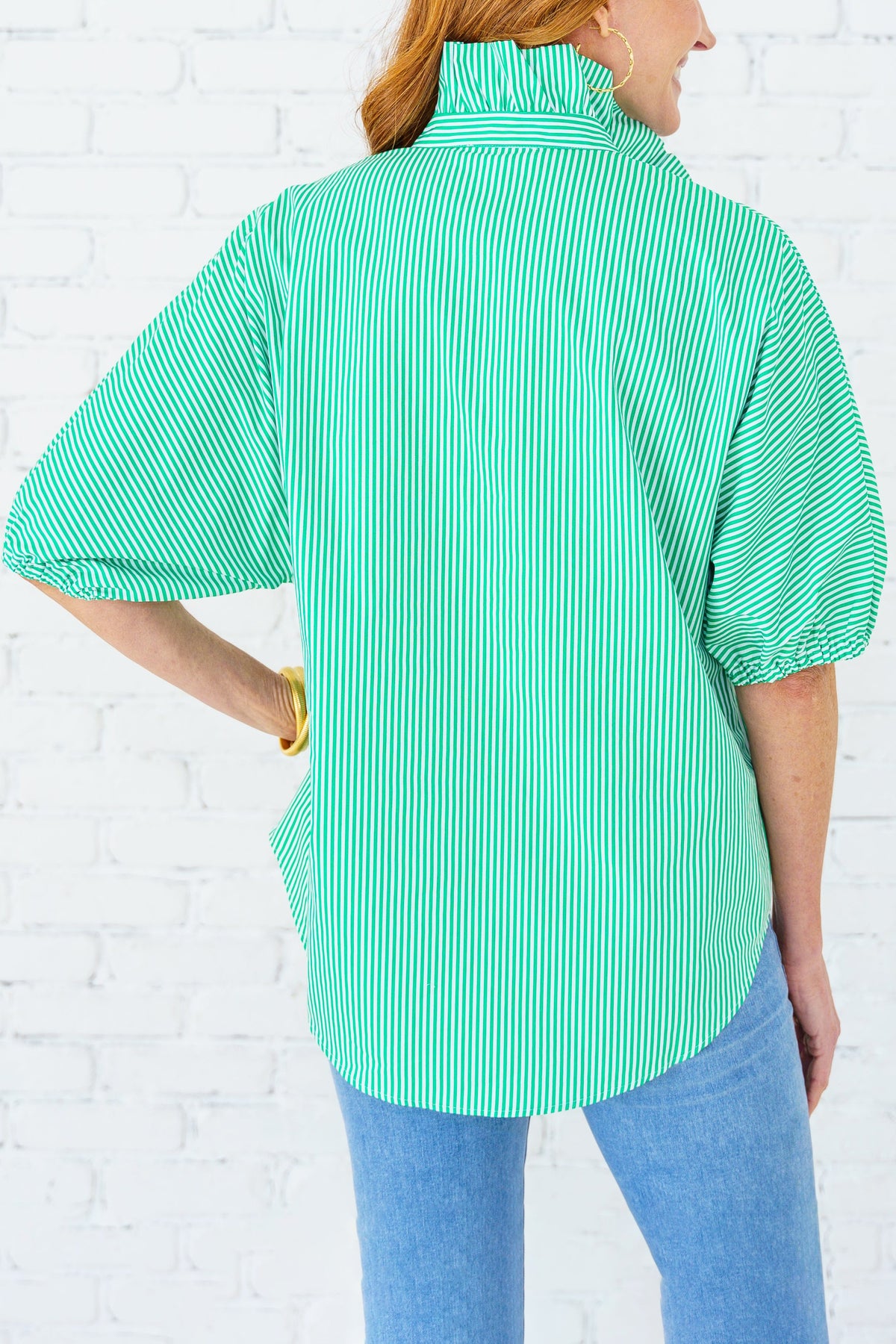 Ruffle Placket Puff Sleeve Stripe Top