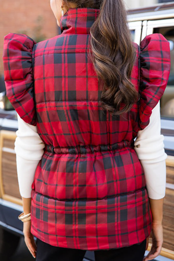 Plaid Ruffle Puffer Vest