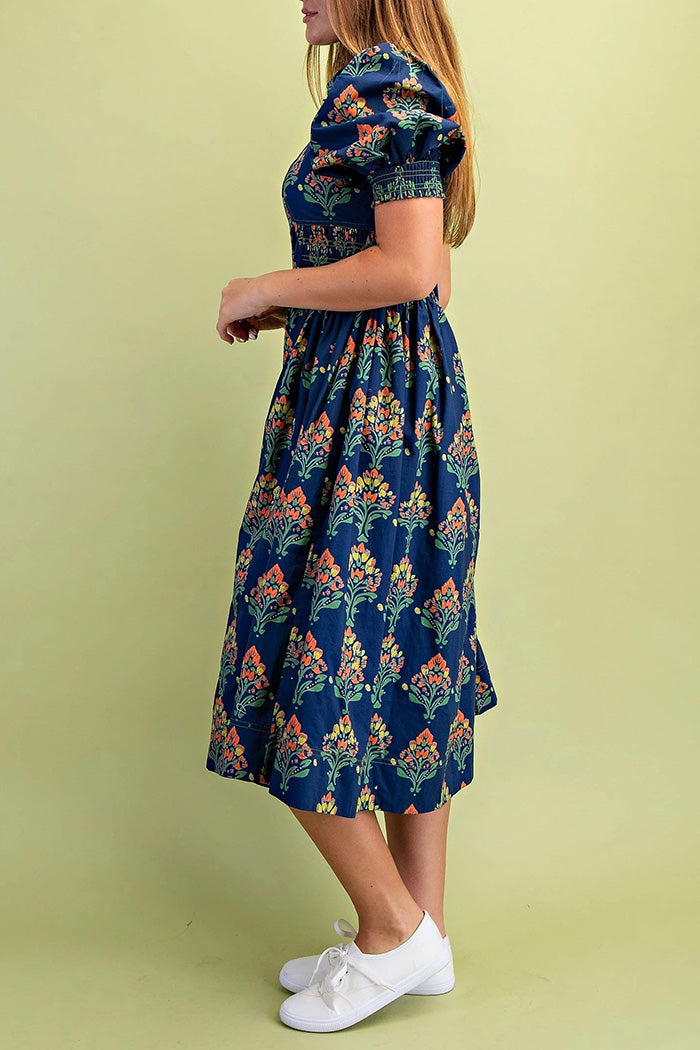 Puff Sleeve Floral Midi Dress