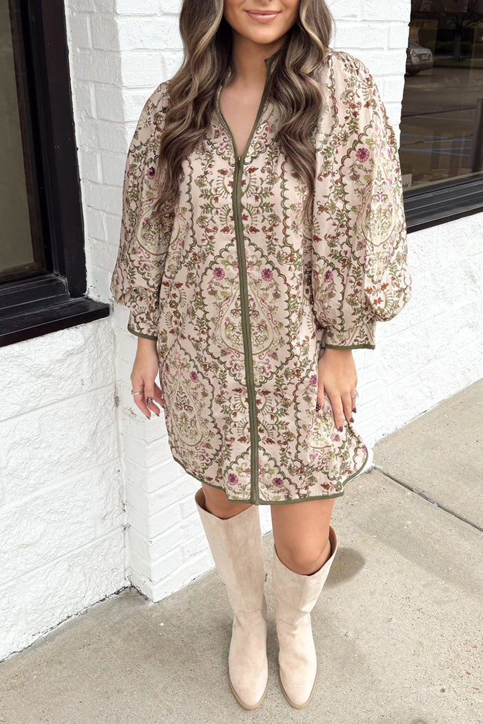 V-Neck Puff Sleeves Pocket Dress