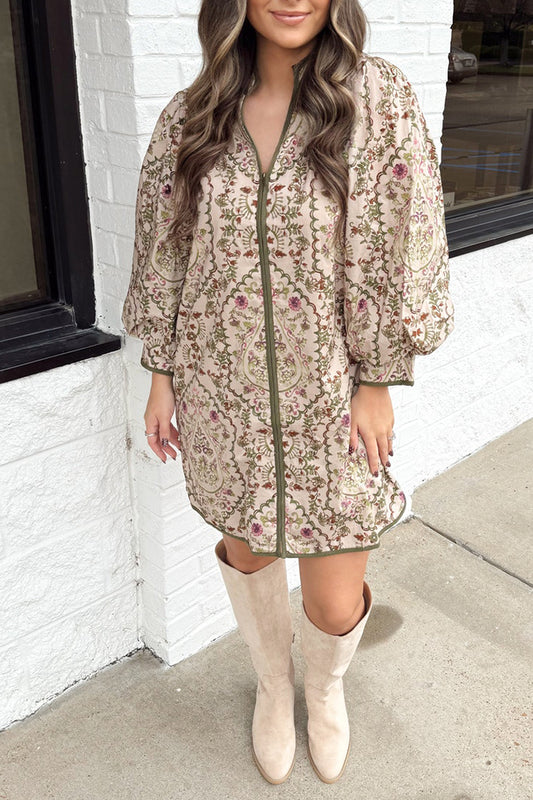 V-Neck Puff Sleeves Pocket Dress