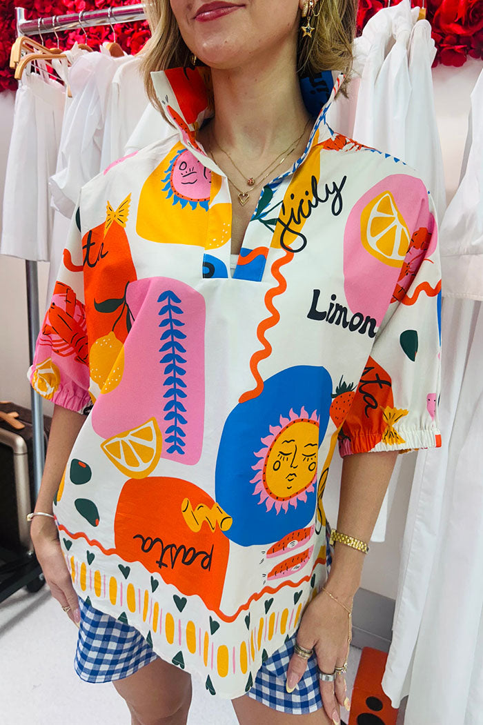 Colorful Mixed Print Elastic Sleeve Top