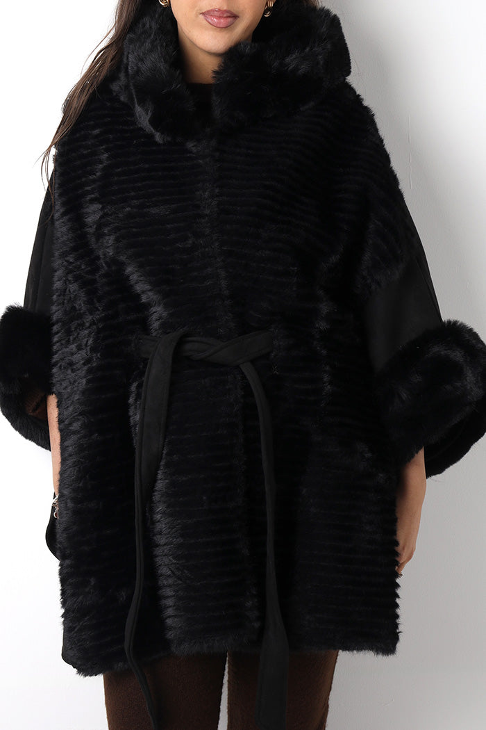 Ribbed Faux Fur Trim Belted Cape