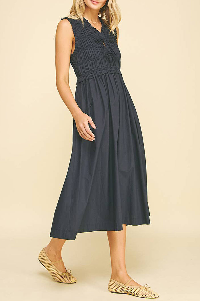 Front-Tie Smocking Pocket Midi Dress