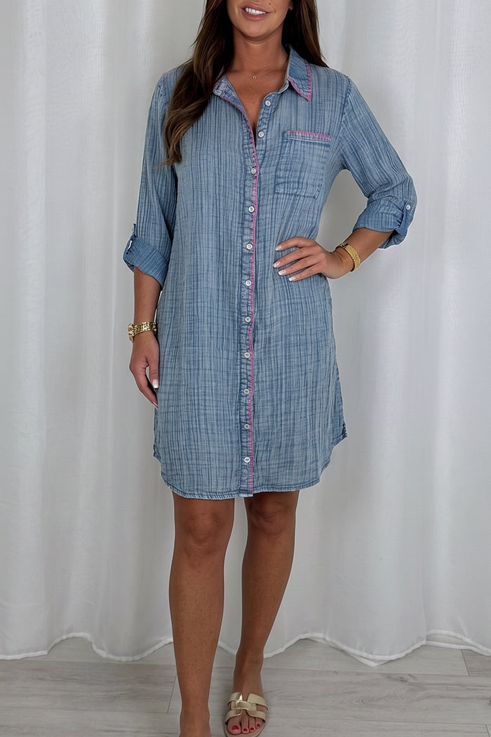 Button Down Chambray Contrast Trim Dress