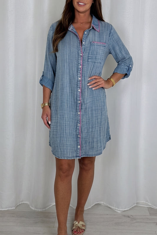 Button Down Chambray Contrast Trim Dress