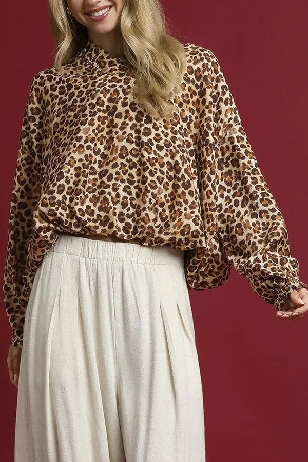 Leopard Balloon Sleeve Blouse