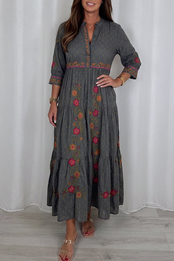 Charcoal Floral Button Maxi Dress