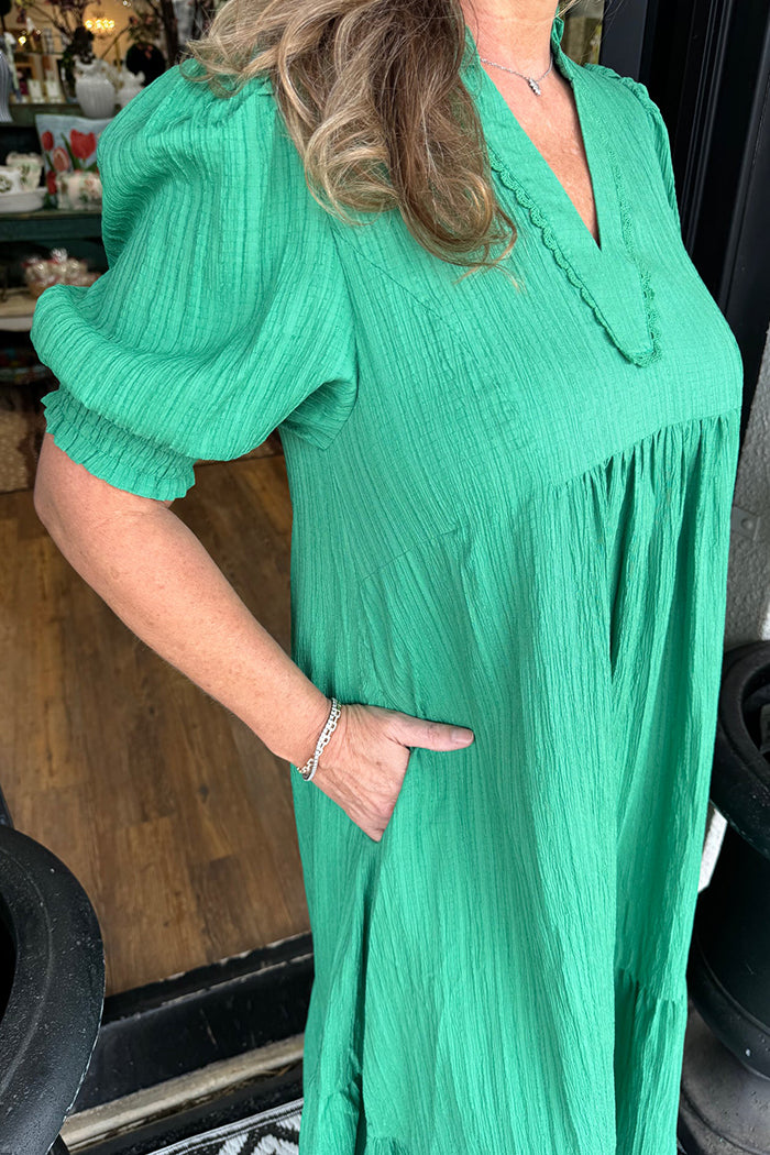 Puff Sleeve Pocket Tiered Maxi Dress