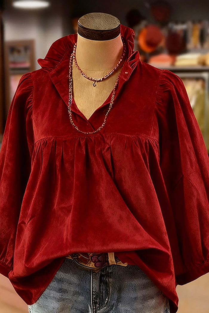 Ruffled V-Neck Puff-Sleeve Blouse