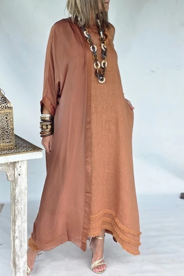 Fringe Neck Hem Pocket Maxi Dress