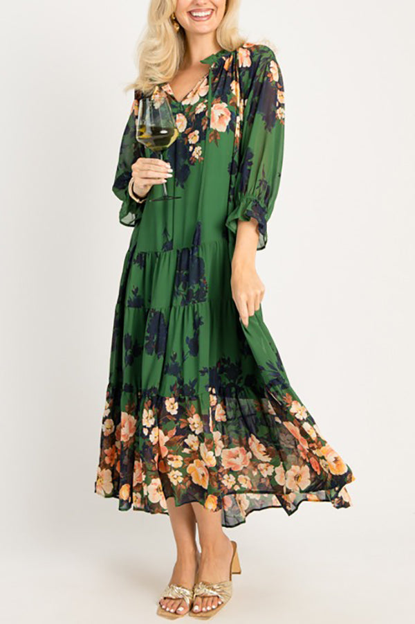 Elasticized Ruffle Collar Floral Dress