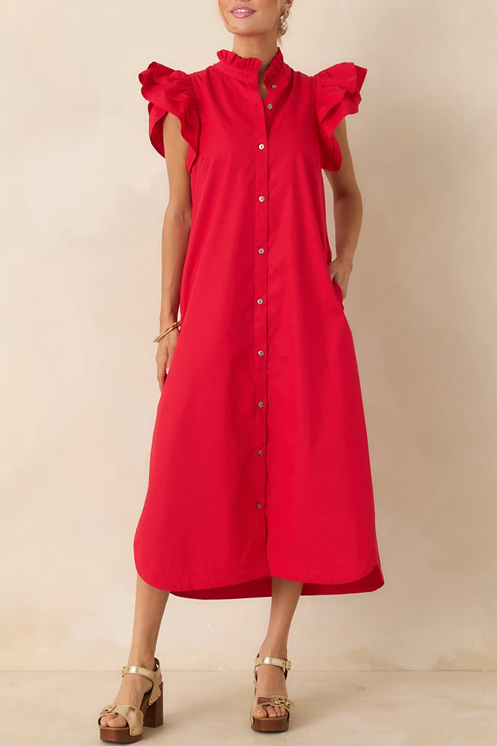 Ruffle Button-Front Pocket Midi Dress