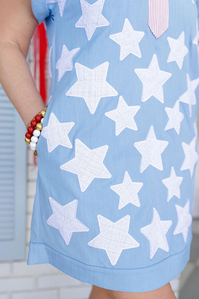 Cuffed Sleeve Pocketed Star Shirt Dress