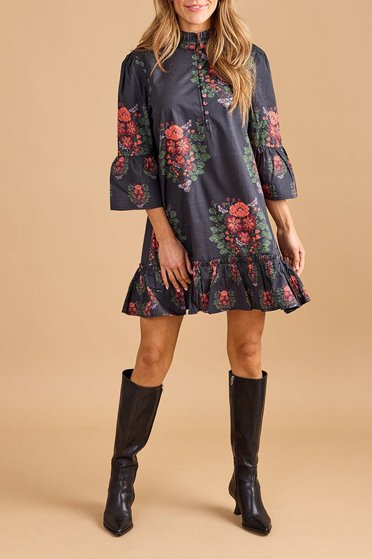 Stand-Collar Button-Front Ruffled Hem Dress