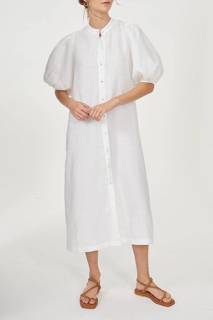 Solid Color Puff Sleeve Button Dress