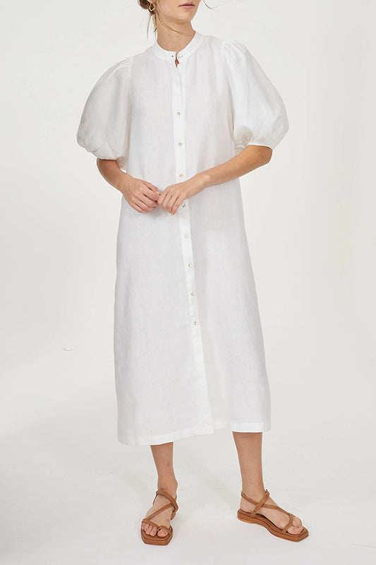 Solid Color Puff Sleeve Button Dress