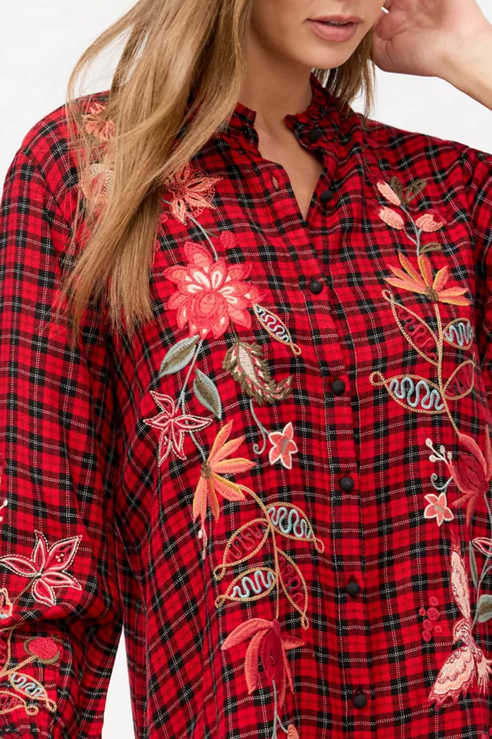 Plaid Floral Embroidered Top