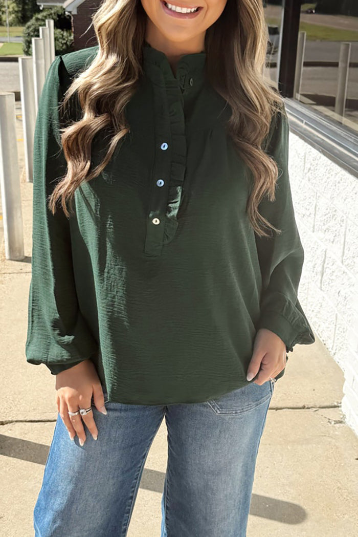 Ruffled Mock-Neck Button Top
