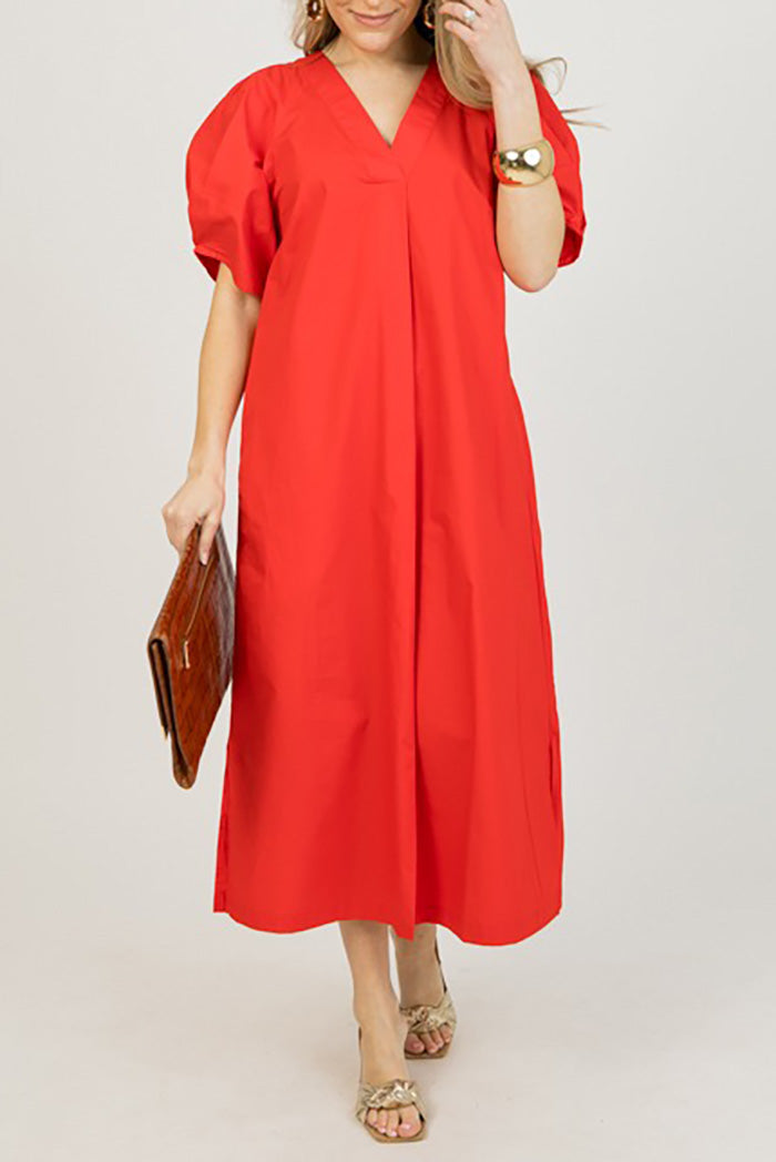 Pocketed Puff Sleeve Midi Dress