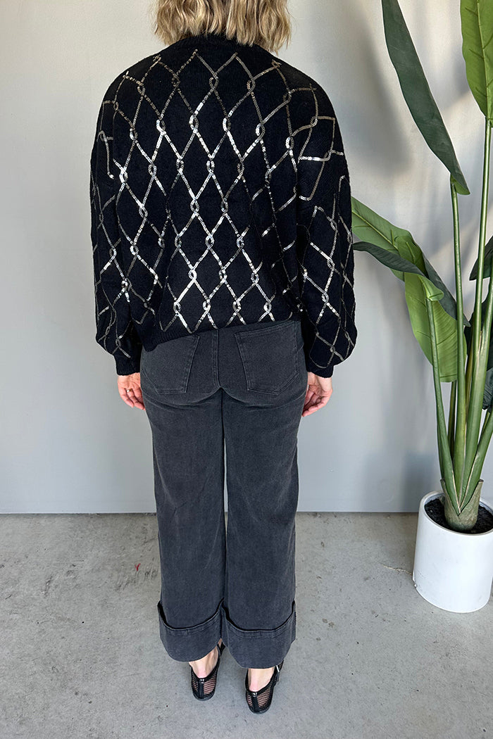 Chain Pattern Sequin Crew Neck Sweater