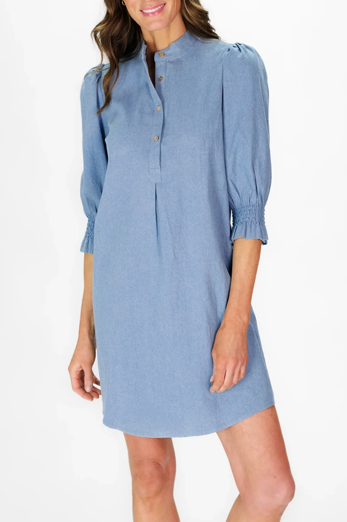 Blue Stand Collar Puff 3/4 Sleeve Smocked Cuff Shift Dress