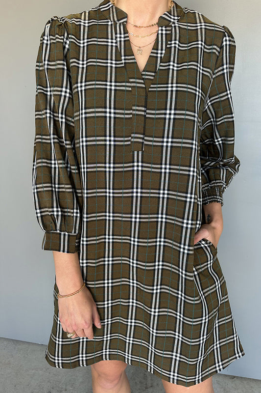 Plaid V-Neck Puff-Sleeve Pocketed Mini Dress