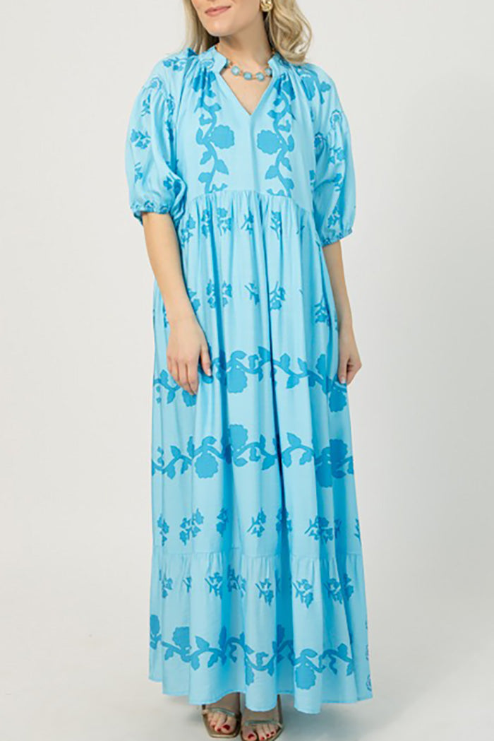 Ruffled Hem Puff Sleeve Maxi Dress