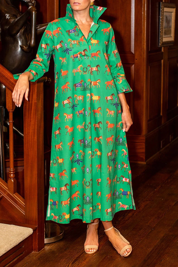 Vibrant Equine-Print Shirt Collar Maxi Shirt Dress