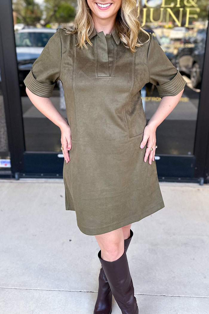 Short Sleeve Collared Suede Dress