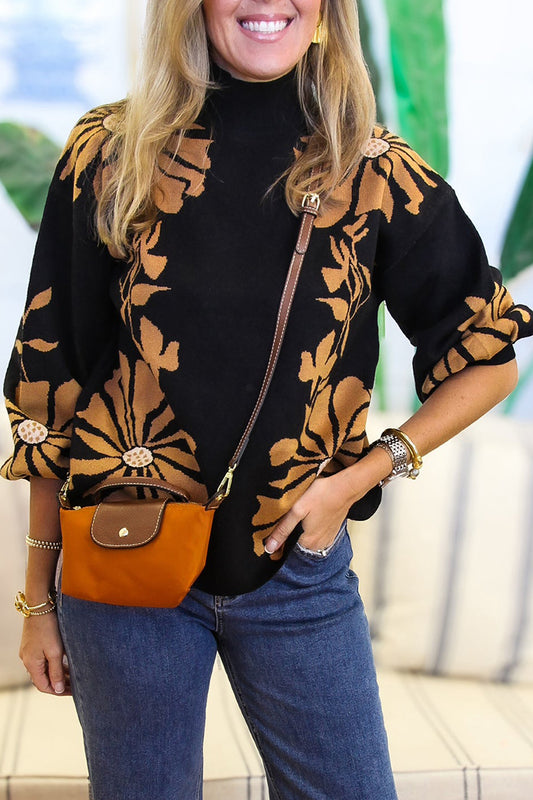 Turtleneck Floral Pattern Sweater