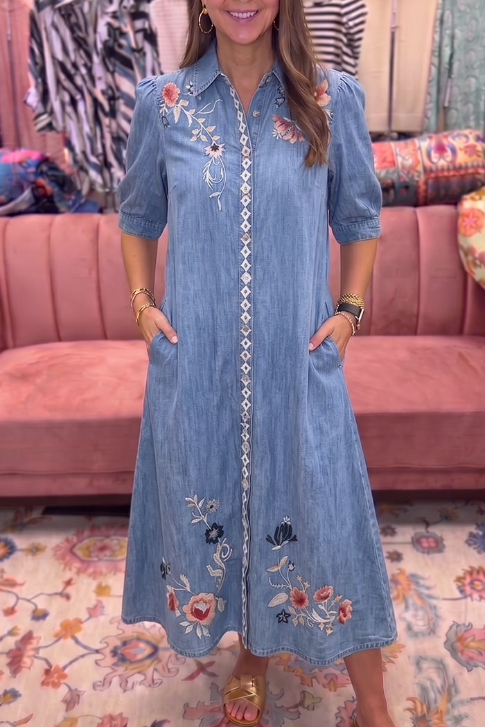Denim Floral Puff Sleeve Pocket Dress