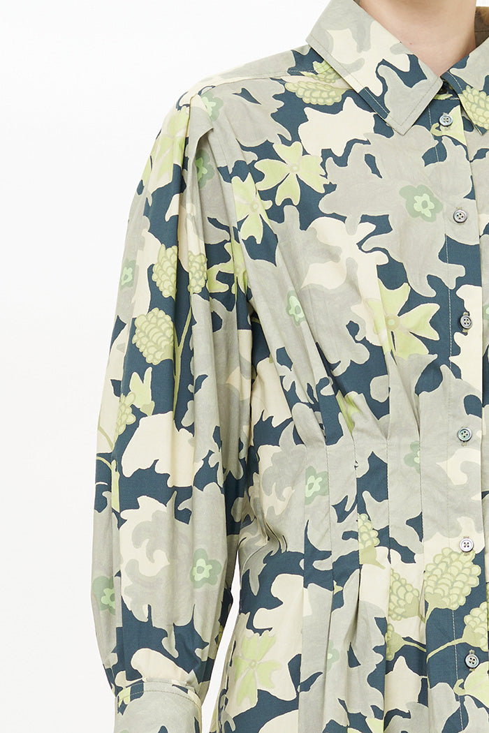 Suzani Print Fitted Waist Ruffled Hem Button Top