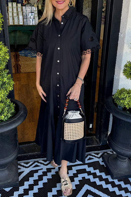 Button Front Black Lace Cuff Dress