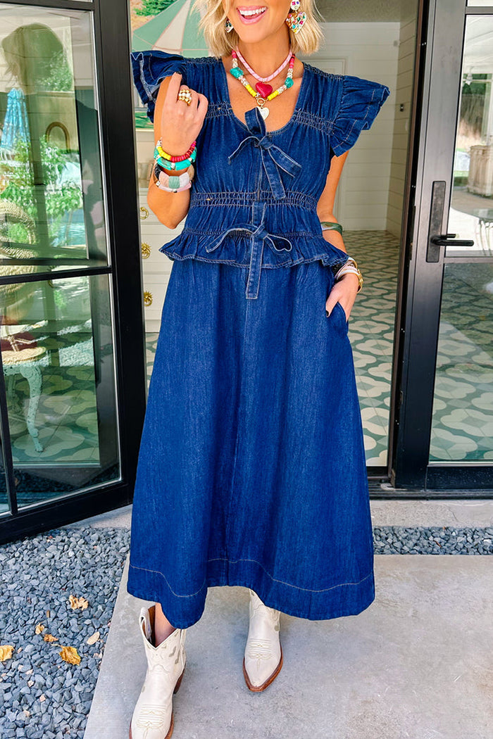 Bow Flutter Sleeve Denim Dress