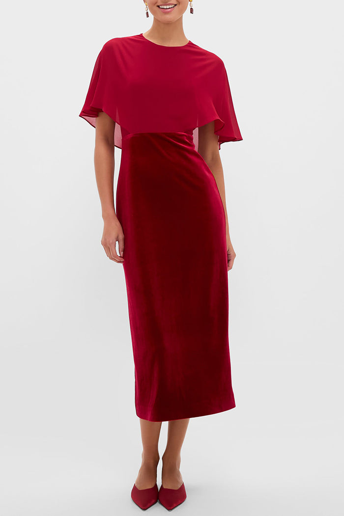 Velvet Chiffon Mixed Media Cape Dress