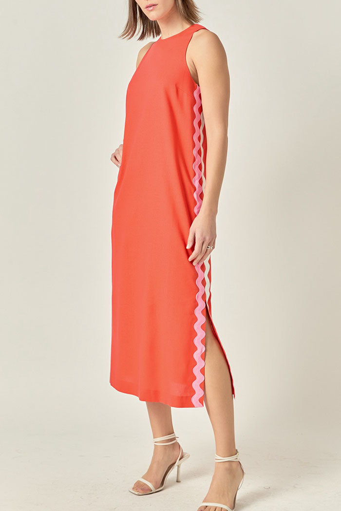 Striped Trim Sleeveless Side Slit Dress