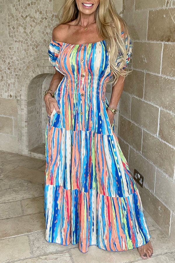 Colorful Striped Puff Sleeve Dress