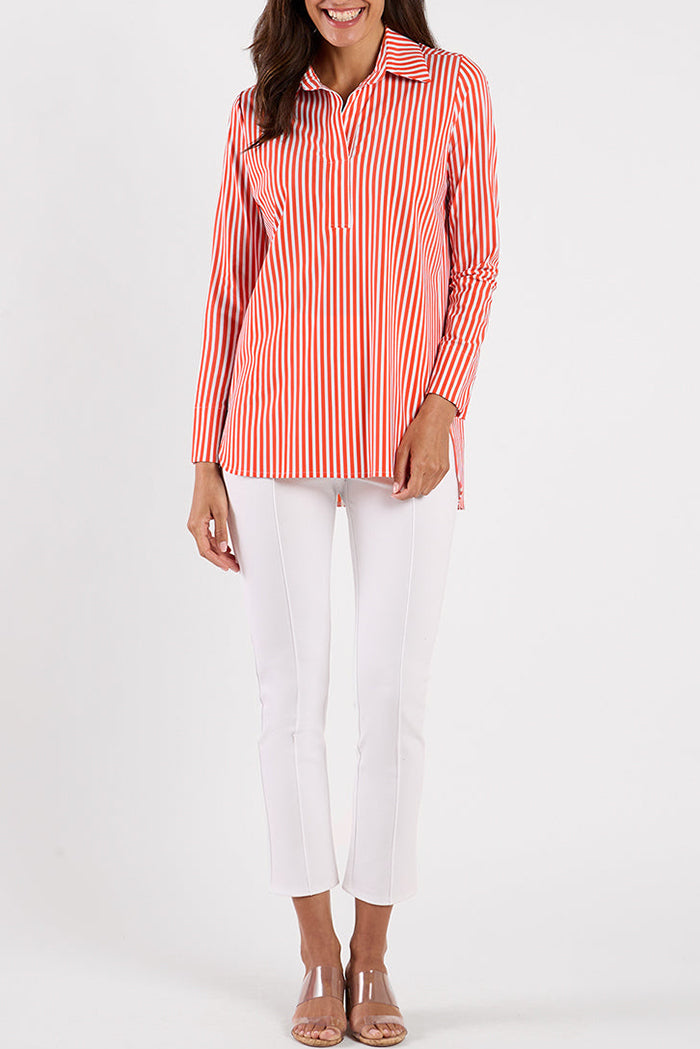 Stripe Collared Half-Placket Long Sleeve Top