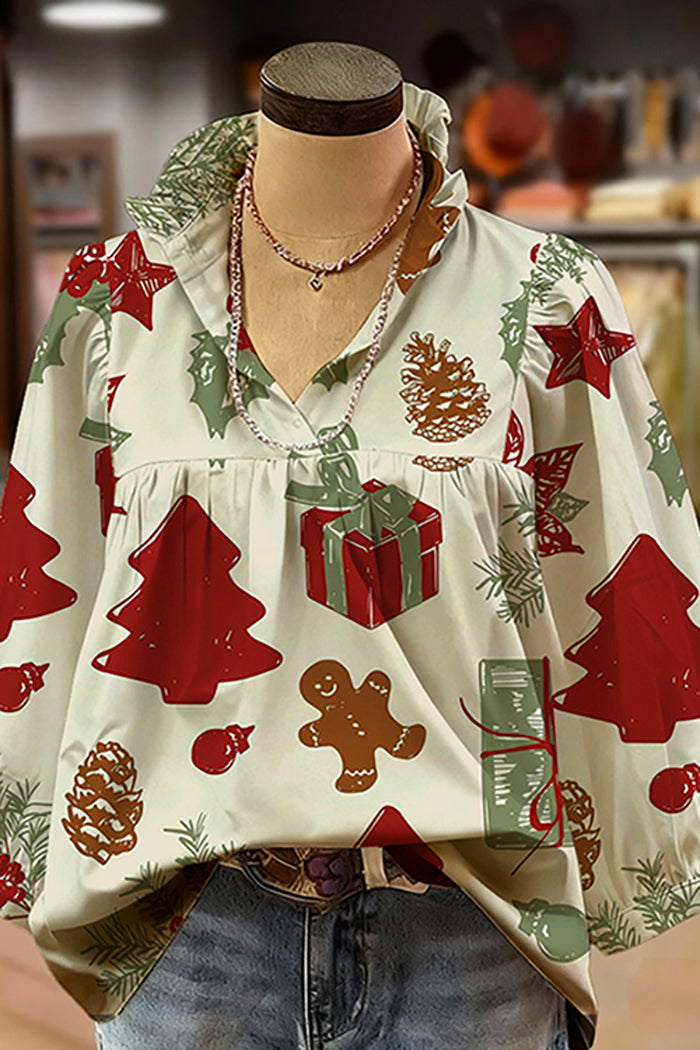 Christmas Print Ruffled V-Neck Puff-Sleeve Blouse