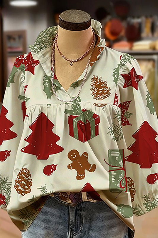 Christmas Print Ruffled V-Neck Puff-Sleeve Blouse