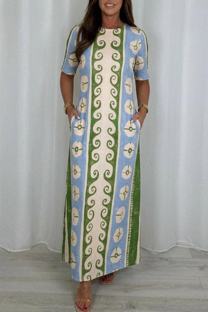 Blue Green Print Pocketed Maxi Dress