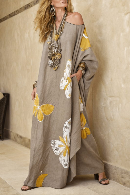 One Shoulder Butterfly Print Pocket Maxi Dress