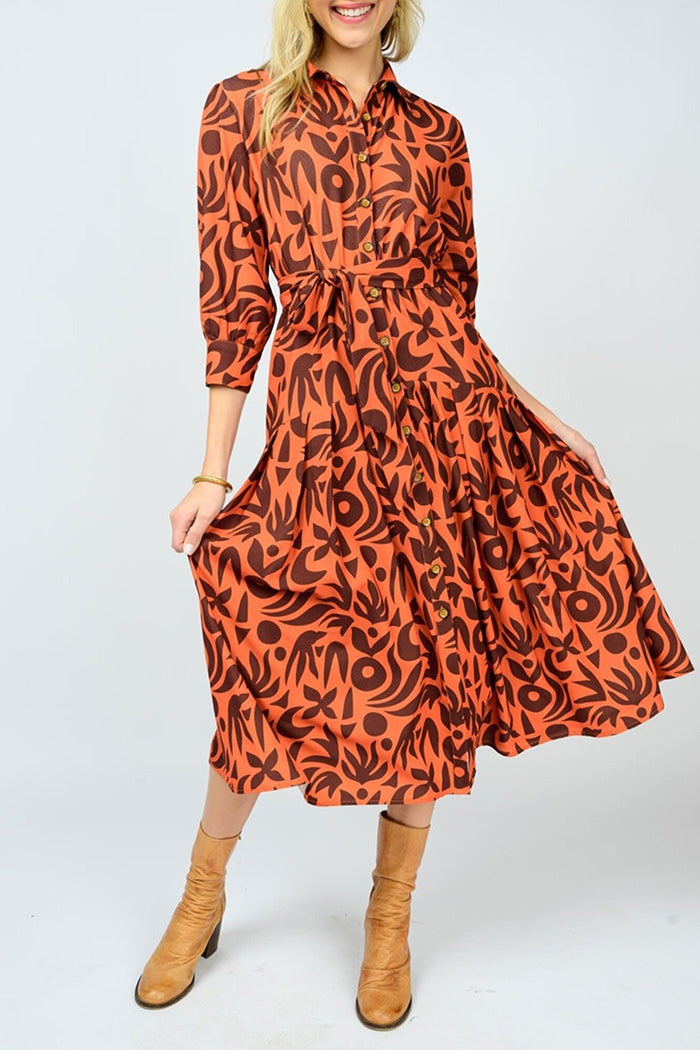 Shirt Collar Print Midi Dress