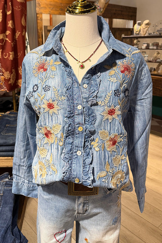 Floral Embroidery Ruffle Trim Denim Top