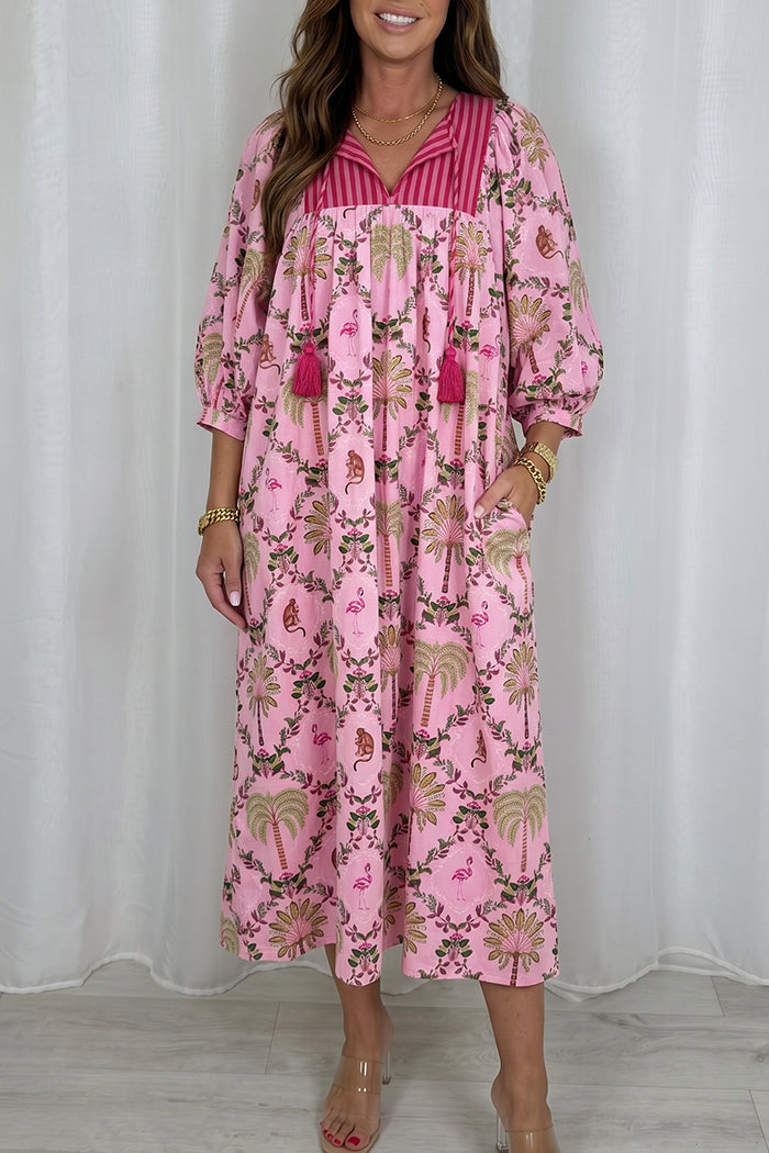 Pink Tropical Print Pocket Maxi Dress
