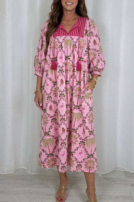 Pink Tropical Print Pocket Maxi Dress